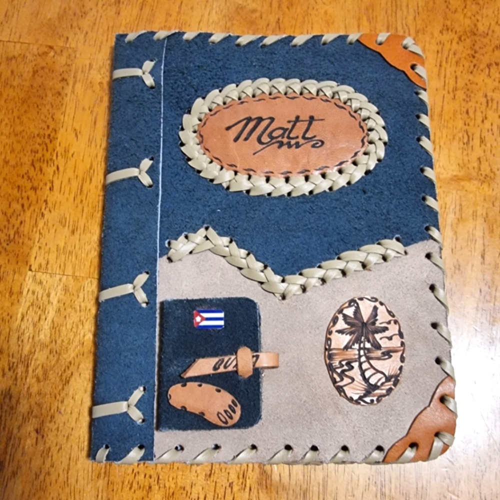 Handcrafted Blue and Tan Leather Inscribed Lined Journal "Matt"